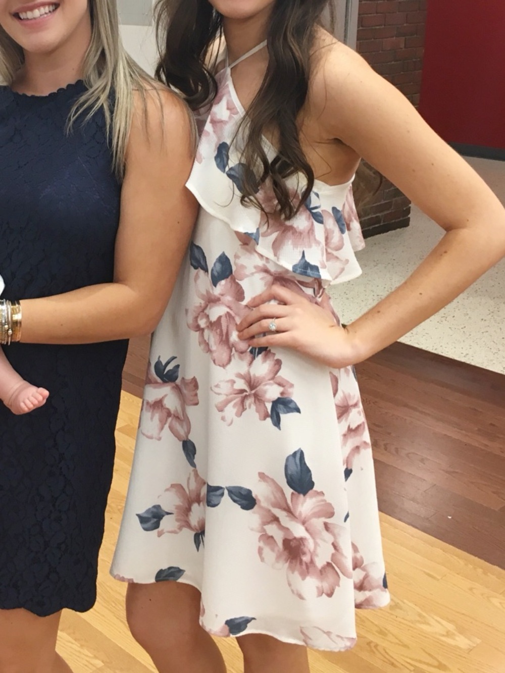 White Floral Ruffle Halter Dress - Pink & Blue Print